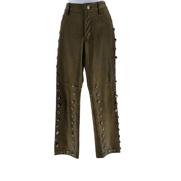 Vintage Olive Green GAP Reworked Leather Pants | Hand Embellished - Picture 1 of 11
